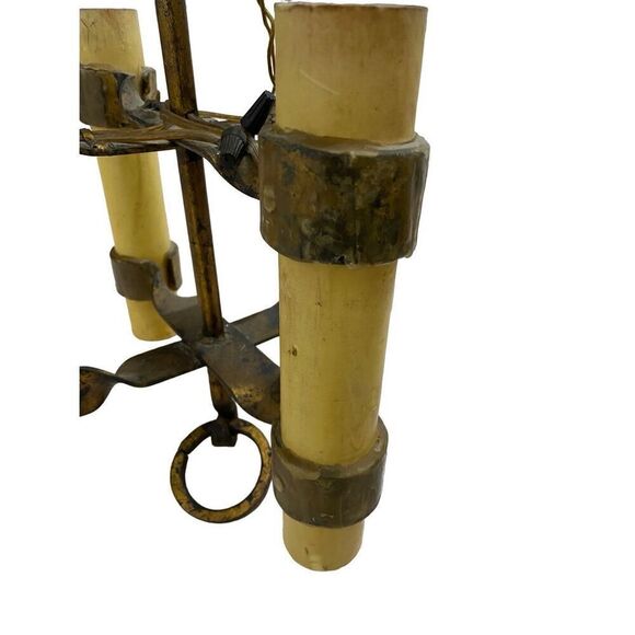 French Vintage 4 Light Gilt Iron  Fixture with Large Wax Candles Gothic Style Me - Picture 2 of 7